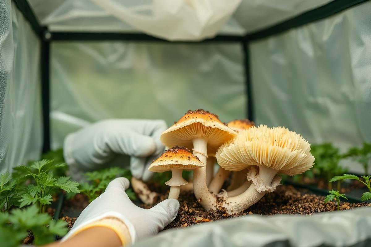 Gourmet oyster and lion's mane mushrooms fruiting in a clean humidity tent